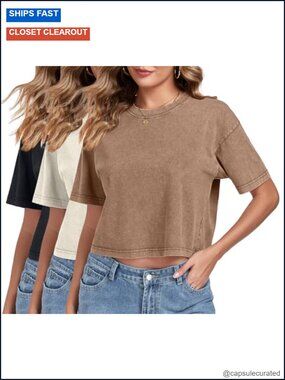 Acid Wash Crop Tops for Women Short Sleeve Crew Neck Baggy Tees Cotton Summer